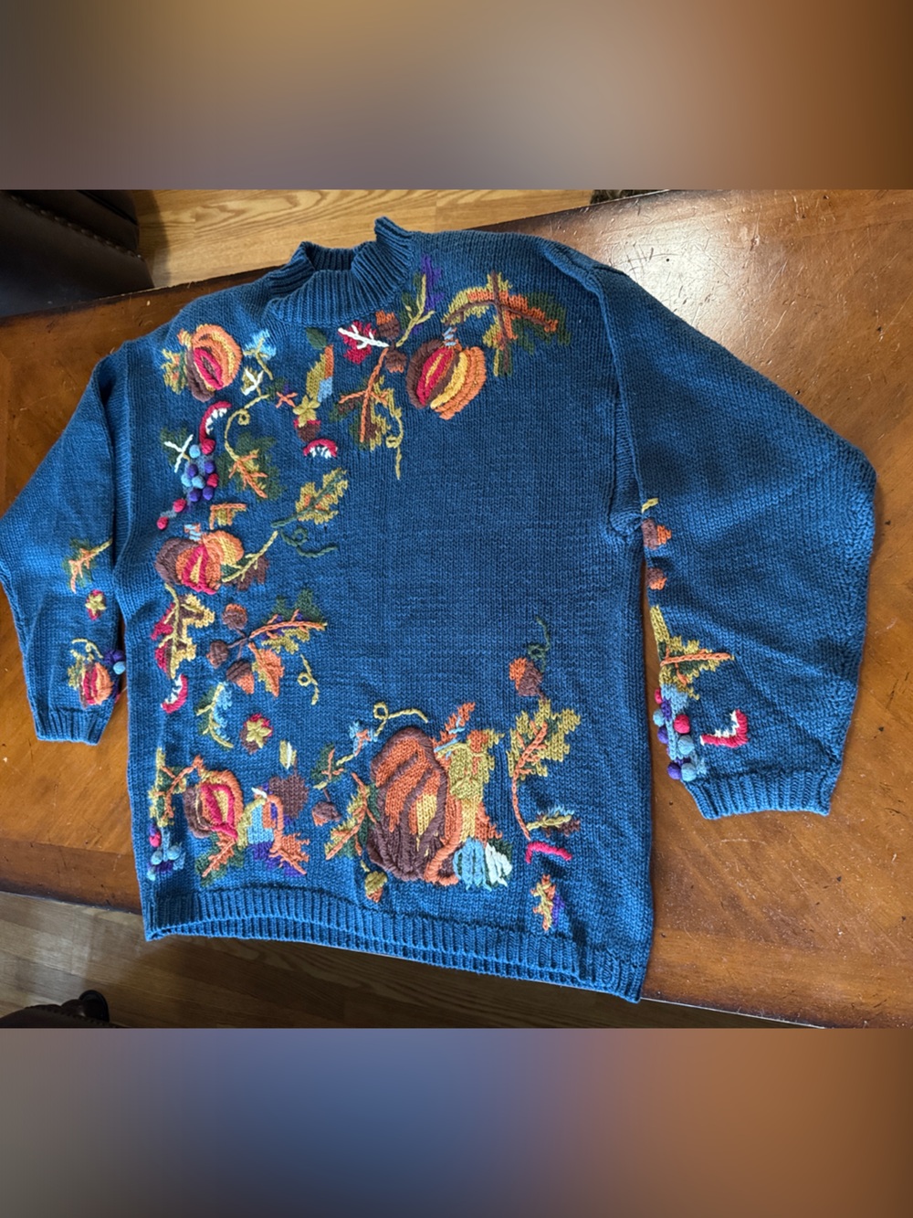 Blue Embroidered Crewneck Sweater with Fall Motifs